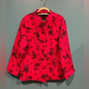 Vintage Quilted Kimono Style Women's Red Quilted Jacket with Black Leaf Pattern